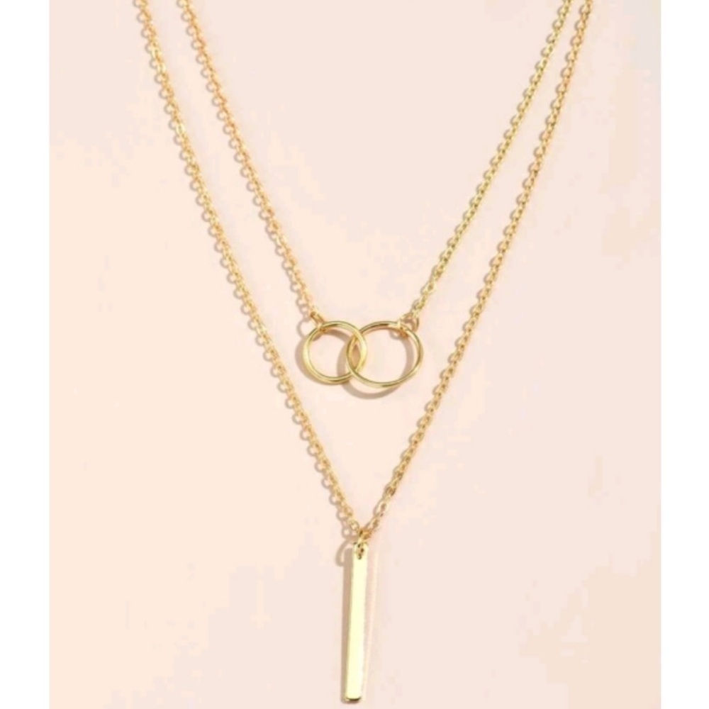 Anthropologie Minimalist Gold Layered Connecting Hoops and Bar Necklace - Picture 2 of 3